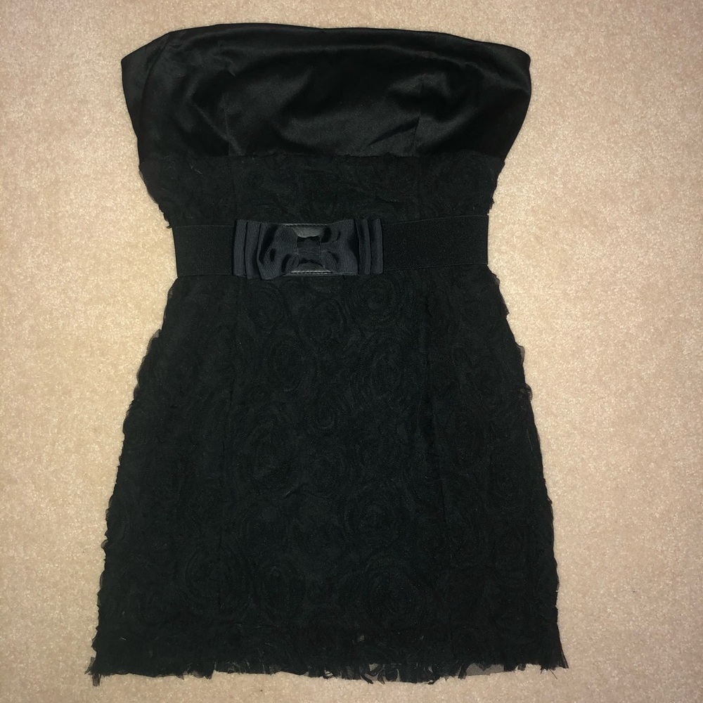 Black strapless dress with black belt